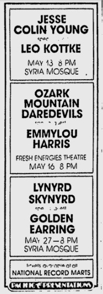 Golden Earring with Lynyrd Skynyrd show ad May 27 1975 Pittsburg - SyriaMosque